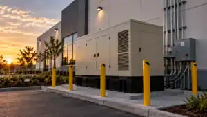 Commercial backup generator installed beside a commercial building