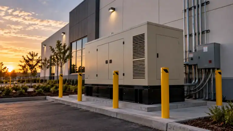 Commercial backup generator installed beside a commercial building