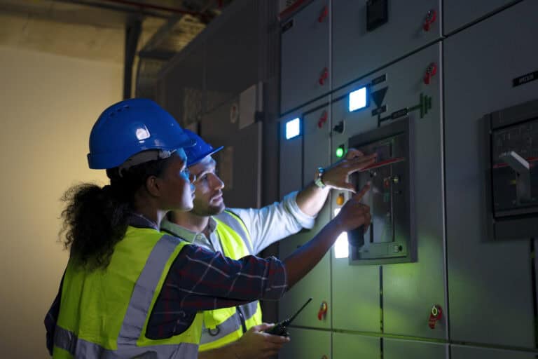 Maintenance engineers are checking electronic system at basement building. Blue collar worker and engineer.