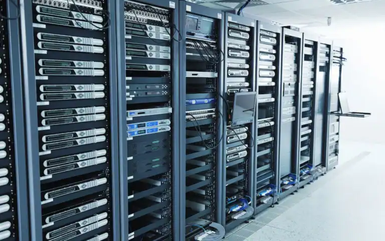 Commercial server room with electrical and network infrastructure
