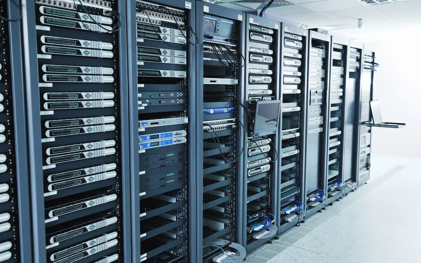 Commercial server room with electrical and network infrastructure