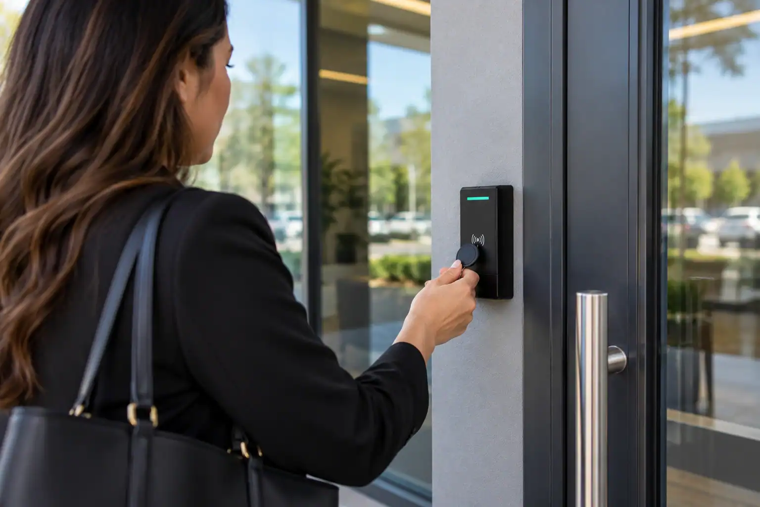 Employee using a key fob at a commercial door access control reader