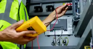 Technician checks electrical project subject to California prevailing wage law