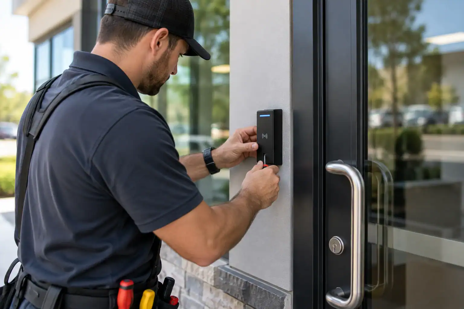 Technician installing a commercial access control card reader in Fresno