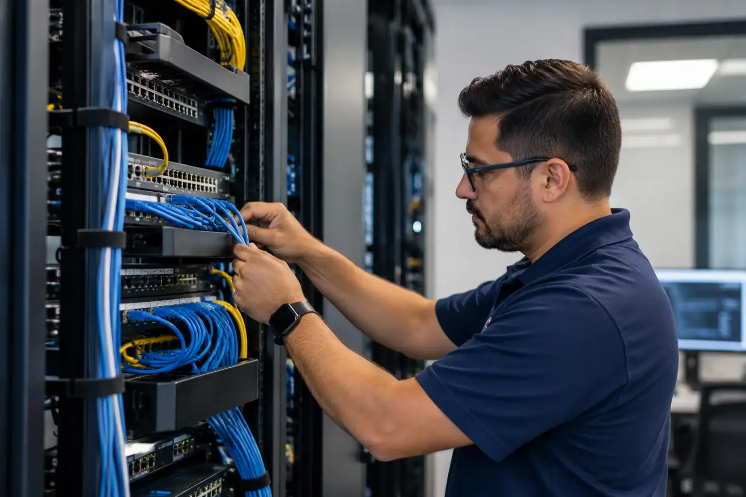 A technician in a navy polo shirt manages cables inside a server rack.