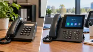 Traditional landline phone and modern VoIP desk phone compared in a business office