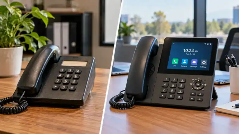 Traditional landline phone and modern VoIP desk phone compared in a business office