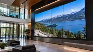 Commercial video wall installation in a modern office lobby.