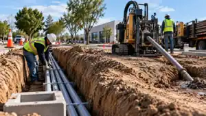 Underground conduit installation using open trenching and directional boring at a commercial site