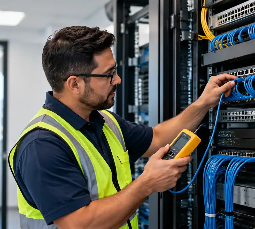 Technician Testing Network Rack Connections
